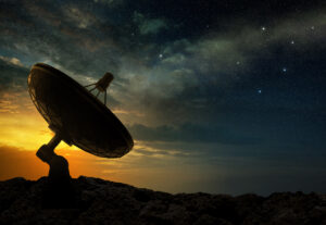 silhouette of a radio telescope at sunset, 3d illustration