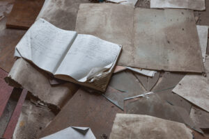 Abandoned notebooks and books in kindergarten.