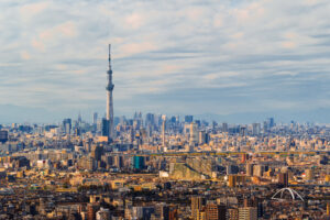 Aerial view of Downtown Tokyo . Financial district and business centers in smart urban city in Asia. Skyscraper and high-rise buildings. Japan